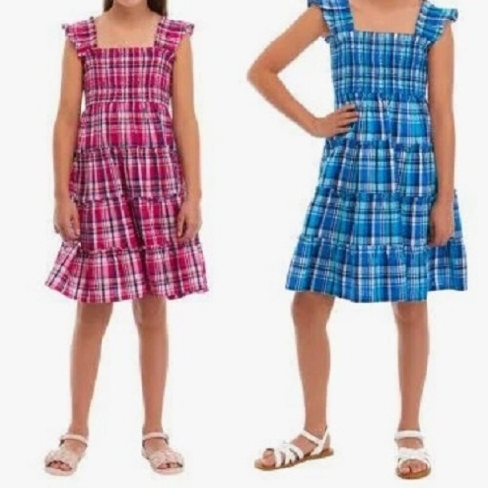 Crown & Ivy Kids Smoke Tiered Dress Set of 2 Blue Pink Plaid Size L